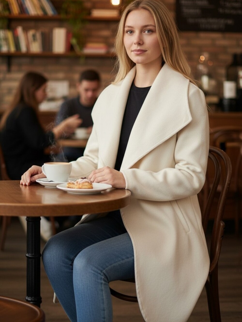 Womens Cream Drape Front Coat Asymmetrical Style